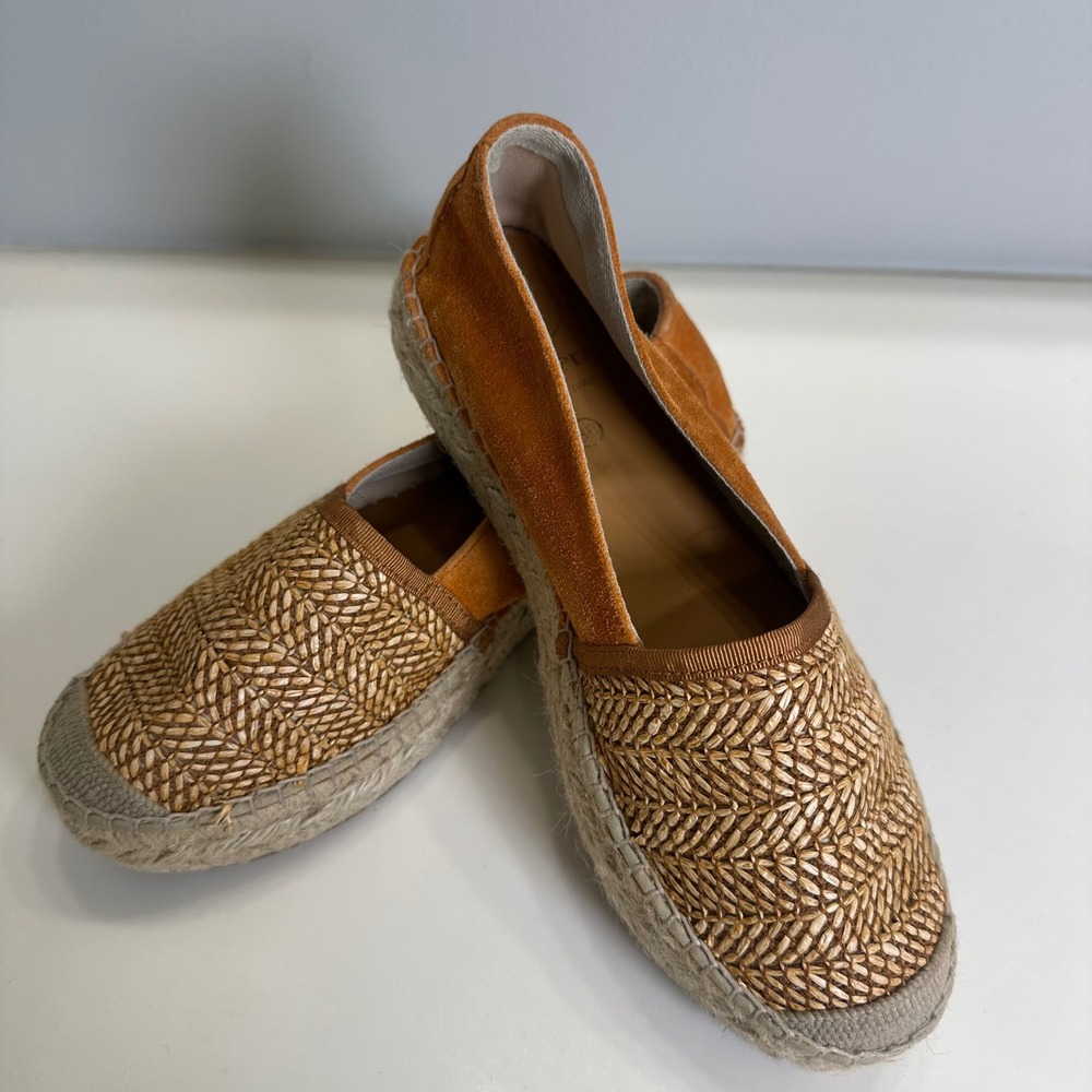 Viguera Spain Womens 38 Burnt Orange Suede Woven Straw Espadrille Flats Slip On